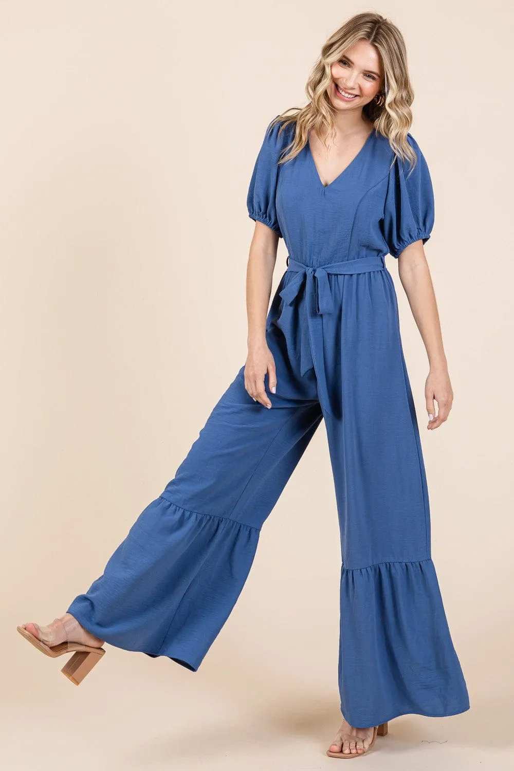 GeeGee Full Size V-Neck Belted Wide Leg Jumpsuit - Trendsi - Flyclothing LLC