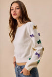 SO ME Mardi Gras Glitter Bow Ribbon Sweater Knit Top - Trendsi - Flyclothing LLC
