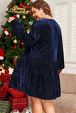 Plus Size Textured Velvet Decorative Button Long Sleeve Dress - Trendsi - Flyclothing LLC