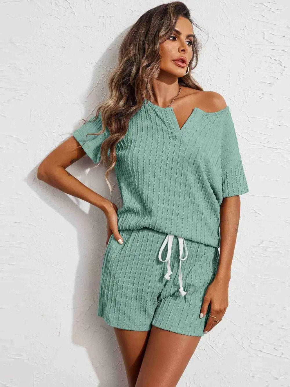 Notched Short Sleeve Top and Shorts Set - Trendsi - Flyclothing LLC
