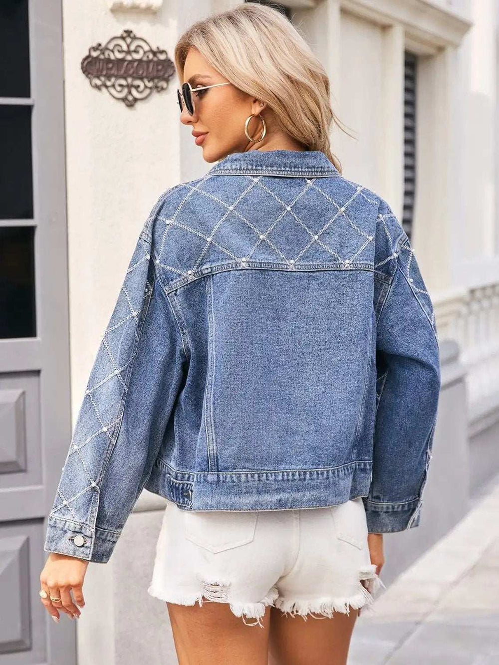 Pearl Trim Long Sleeve Denim Jacket - Trendsi - Flyclothing LLC