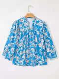 Notched Floral Print 3/4 Puff Sleeve Blouse - Trendsi - Flyclothing LLC