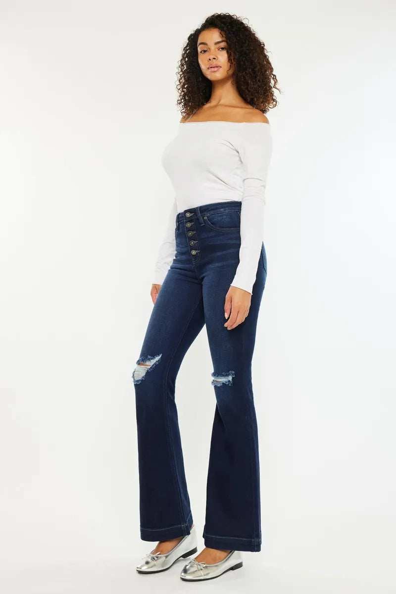 Kancan Button Fly High Rise Distressed Flare Jeans - Trendsi - Flyclothing LLC