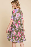 BOMBOM Flower Print V-Neck Ruched Dress - Trendsi - Flyclothing LLC