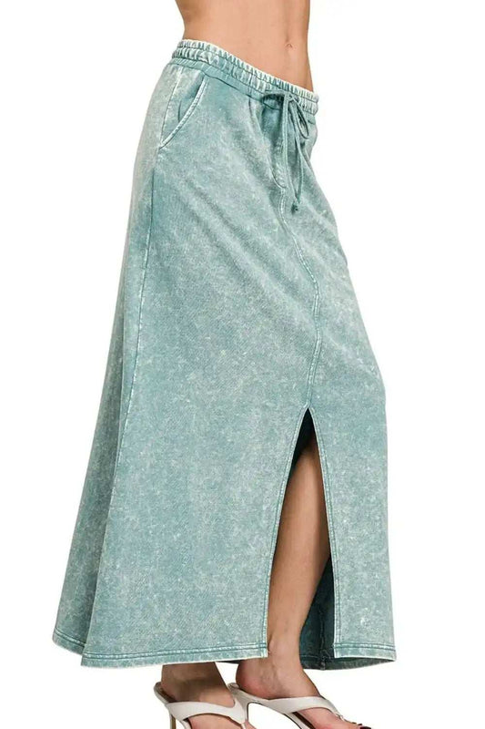 Zenana French Terry Acid Washed Front Slit Long Skirts - Trendsi - Flyclothing LLC