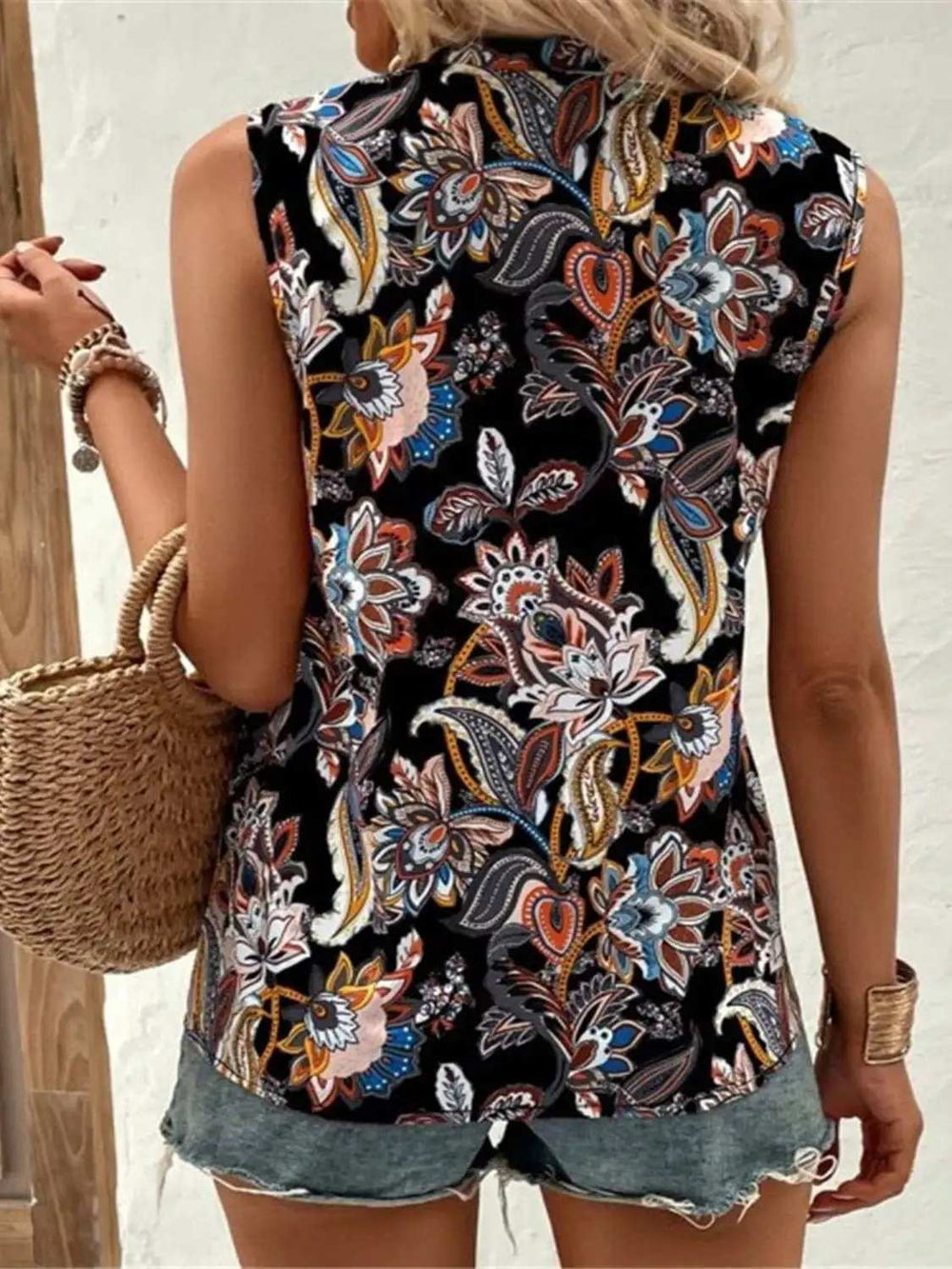 Printed Notched Sleeveless Top - Trendsi - Flyclothing LLC