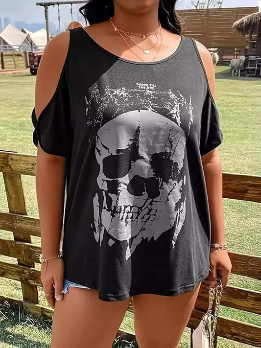 Plus Size Skeleton Graphic Round Neck Cold Shoulder T-Shirt - Trendsi - Flyclothing LLC