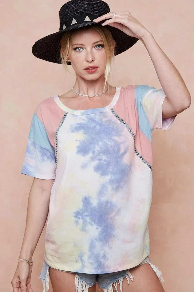 BiBi Tie Dye Printed Cotton Color Block T-Shirt - Trendsi - Flyclothing LLC