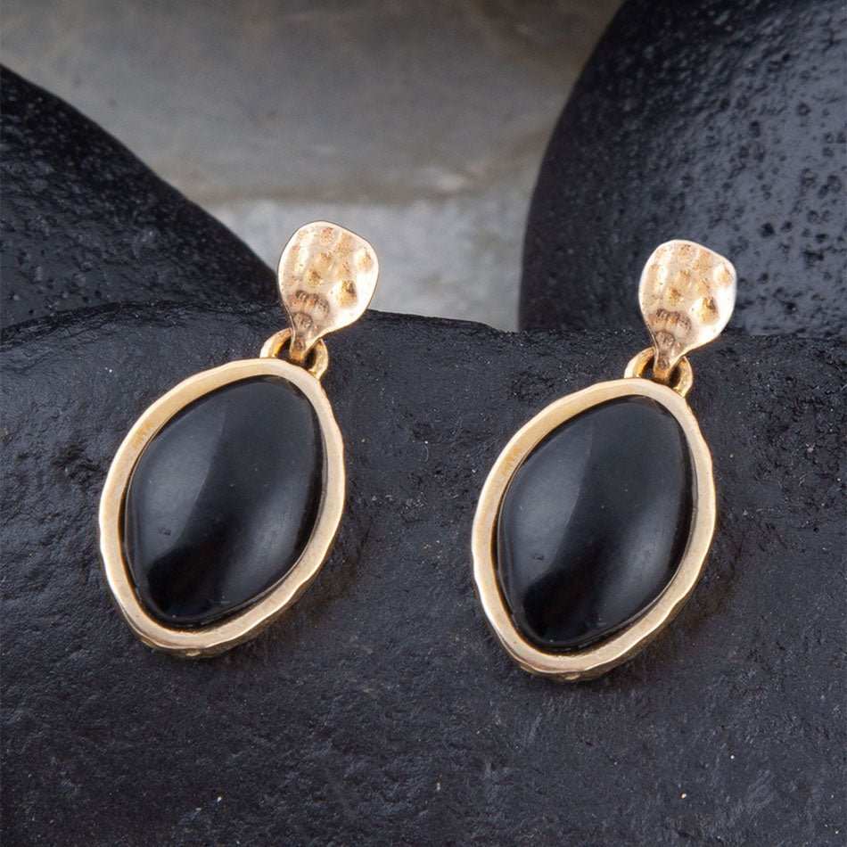 Black Onyx Hammered Post Drop Golden Earrings - Barse Jewelry - Flyclothing LLC
