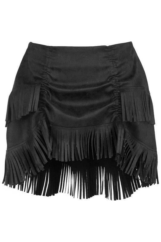 Daisy Corsets Black Suede Ruched Bustle Skirt w/Fringe - Daisy Corsets - Flyclothing LLC