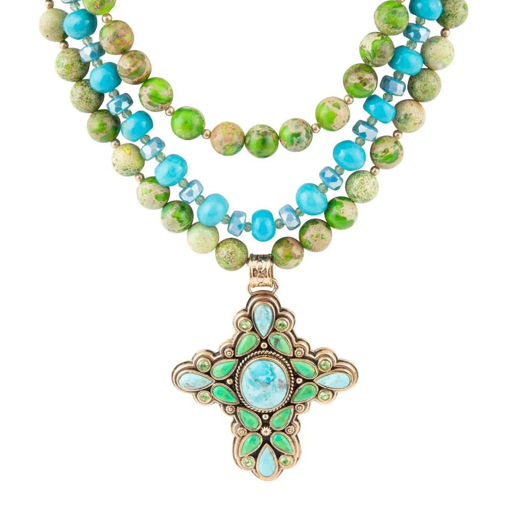 Legacy Lime Green and Blue Turquoise Golden Cross Pendant Statement Necklace - Barse Jewelry - Flyclothing LLC
