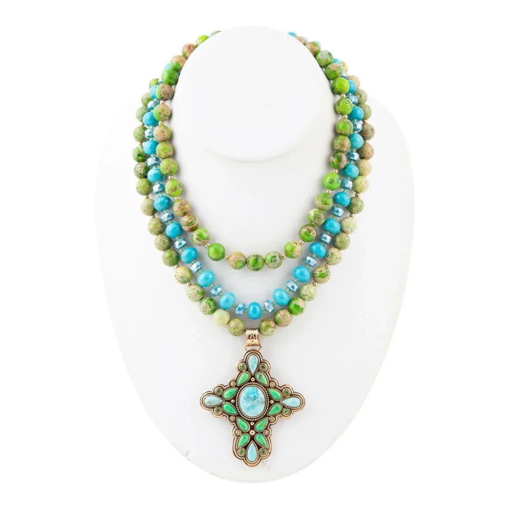 Legacy Lime Green and Blue Turquoise Golden Cross Pendant Statement Necklace - Barse Jewelry - Flyclothing LLC