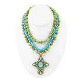 Legacy Lime Green and Blue Turquoise Golden Cross Pendant Statement Necklace - Barse Jewelry - Flyclothing LLC