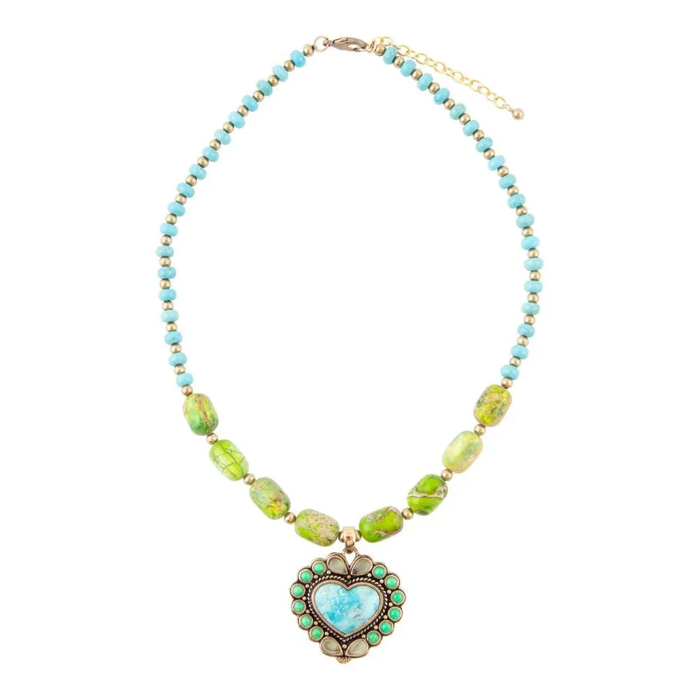 Legacy Heart Lime Green and Blue Turquoise Golden Pendant Necklace - Barse Jewelry - Flyclothing LLC