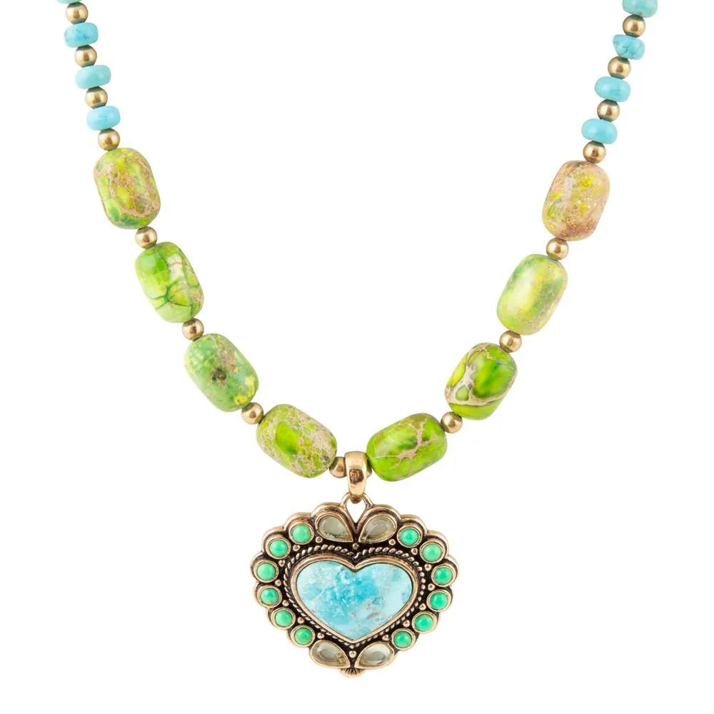 Legacy Heart Lime Green and Blue Turquoise Golden Pendant Necklace - Barse Jewelry - Flyclothing LLC