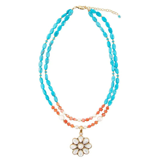 Blue and White Hibiscus Mother of Pearl Pendant and Necklace - Barse Jewelry - Flyclothing LLC