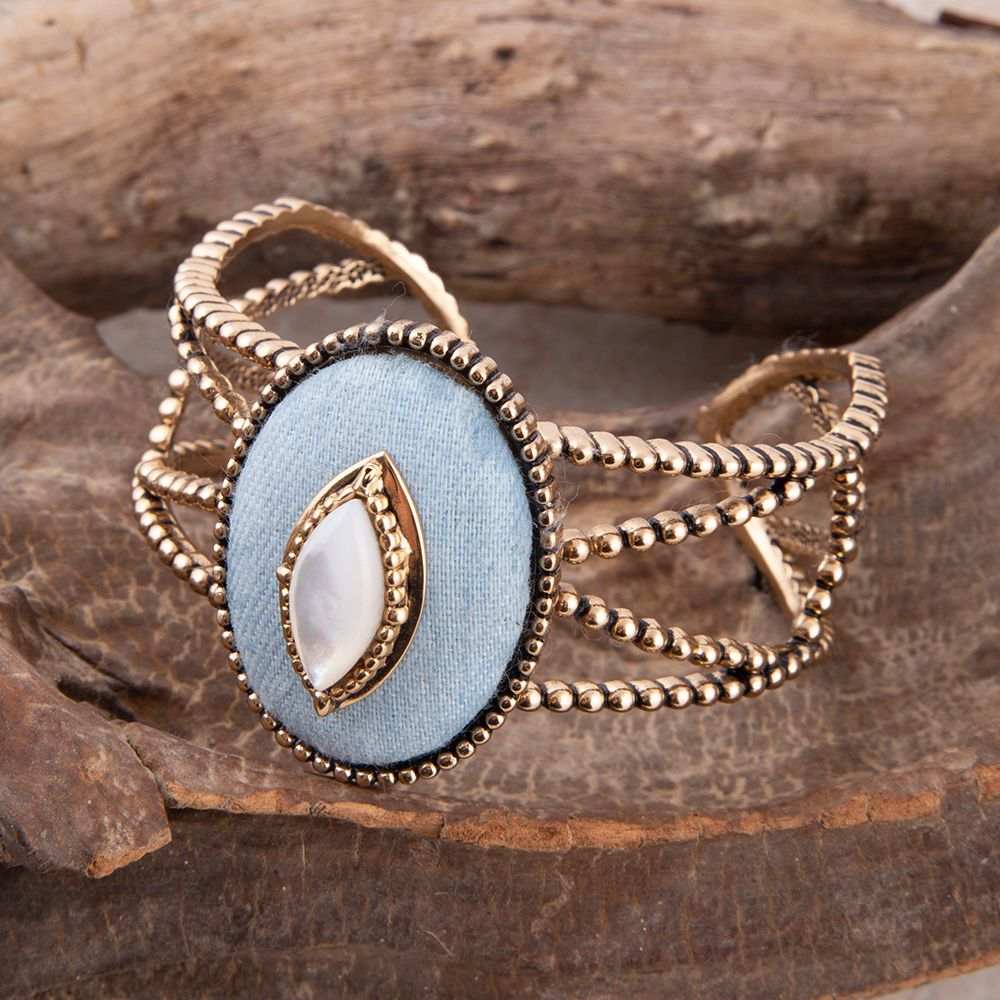 Blue Denim Dreams White Mother of Pearl Golden Cuff Bracelet - Barse Jewelry - Flyclothing LLC