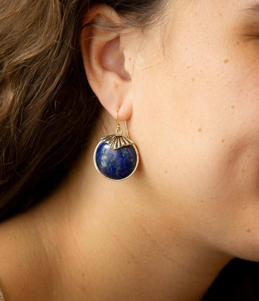Blue Lapis Circle Golden Drop Earings - Barse Jewelry - Flyclothing LLC