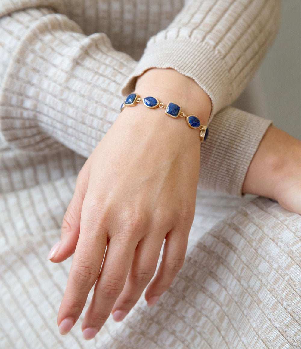 Blue Lapis Hammered Link Golden Bracelet - Barse Jewelry - Flyclothing LLC