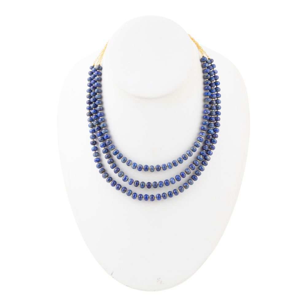 Blue Lapis Triple Strand Golden Necklace - Barse Jewelry - Flyclothing LLC
