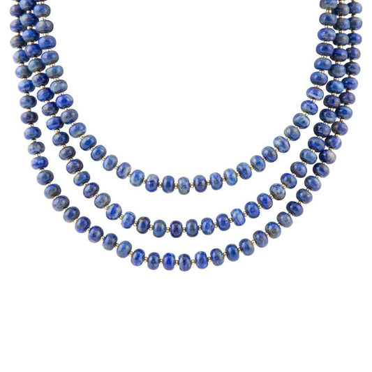 Blue Lapis Triple Strand Golden Necklace - Barse Jewelry - Flyclothing LLC