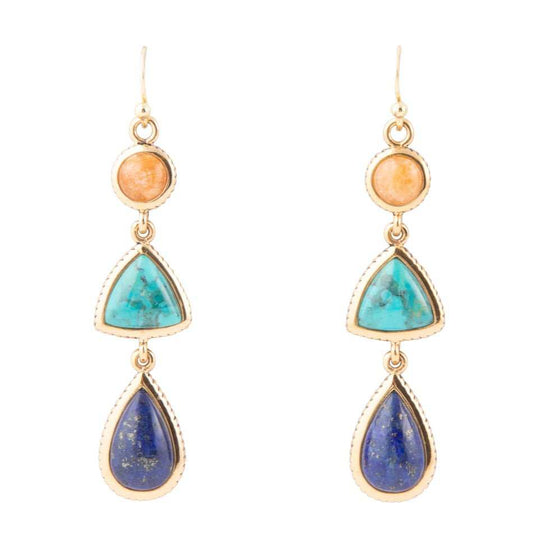 Blue Lapis, Turquoise and Orange Sponge Coral Golden Drop Earrings - Barse Jewelry - Flyclothing LLC