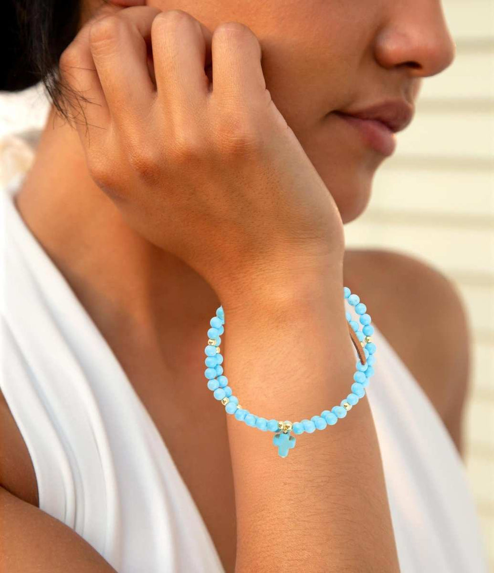 Blue Magnesite Golden Charm Stretch Bracelet Set - Barse Jewelry - Flyclothing LLC
