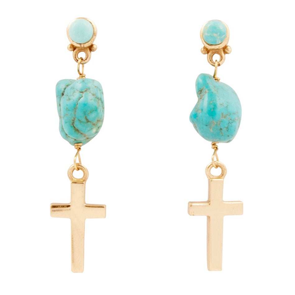 Blue Turquoise On The Cross Golden Post Earrings - Barse Jewelry - Flyclothing LLC