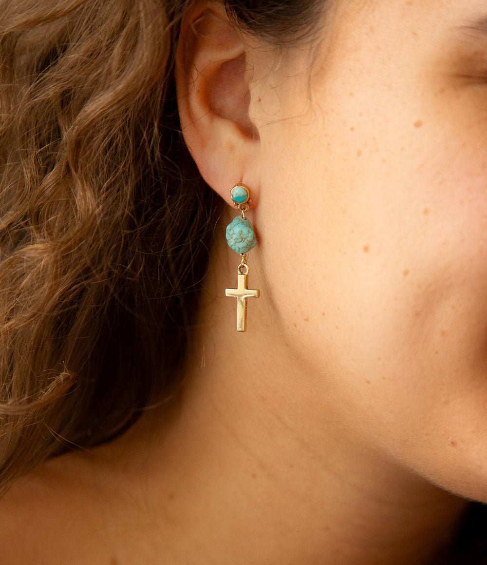 Blue Turquoise On The Cross Golden Post Earrings - Barse Jewelry - Flyclothing LLC