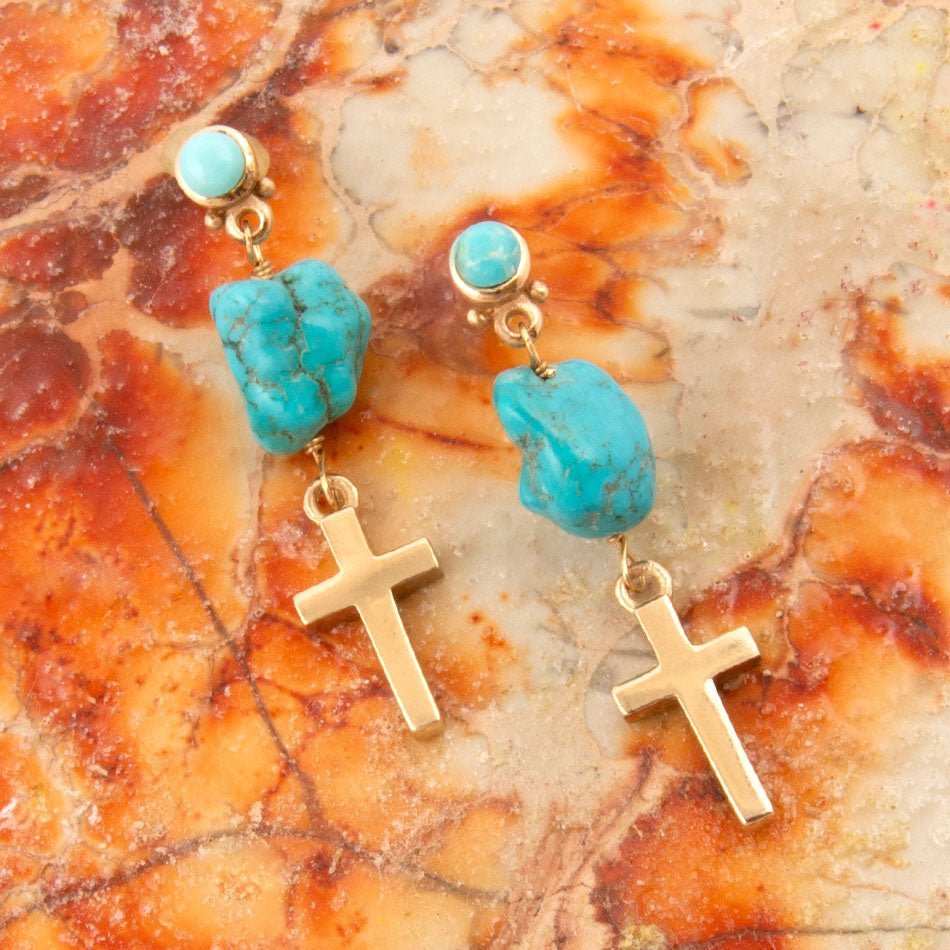 Blue Turquoise On The Cross Golden Post Earrings - Barse Jewelry - Flyclothing LLC