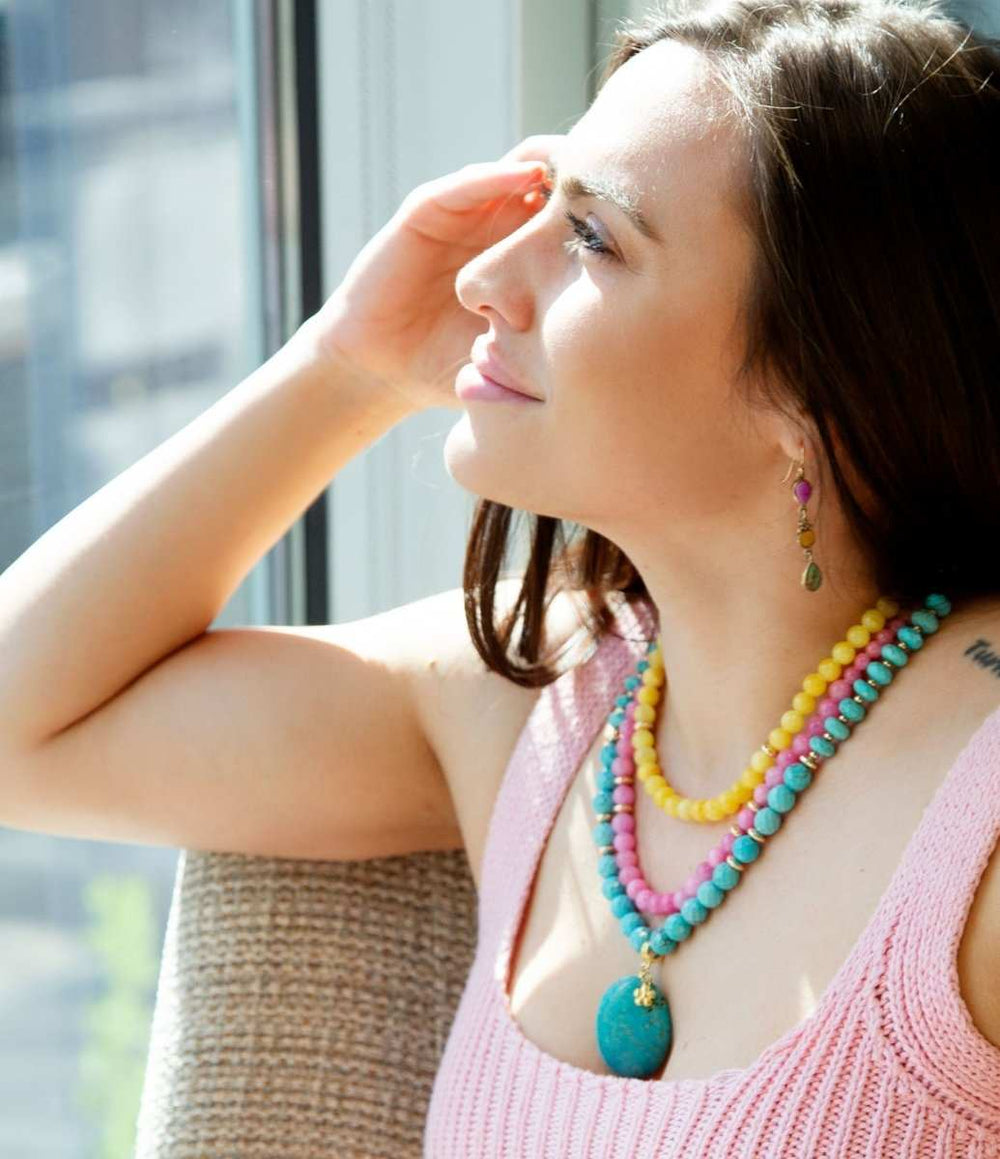 St. Augustine Pink Agate and Blue Turquoise Golden Pendant Necklace - Barse Jewelry - Flyclothing LLC