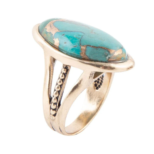 Blue Turquoise and Bronze Matrix Golden Oval Ring - Barse Jewelry - Flyclothing LLC