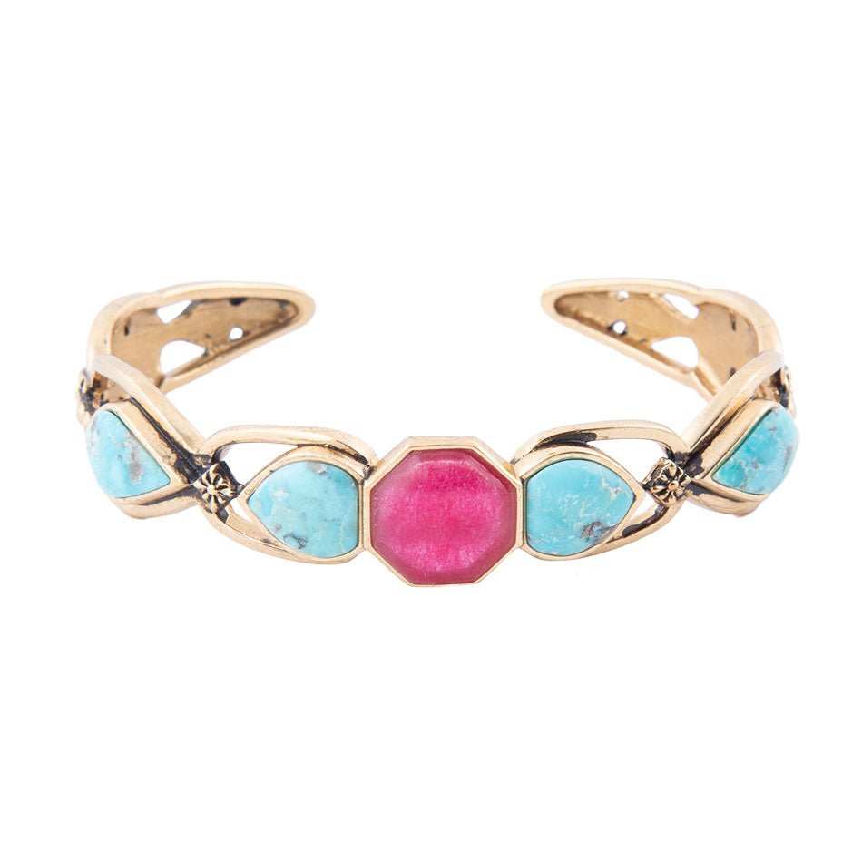 Blue Turquoise and Red Quartz Golden Cuff Bracelet - Barse Jewelry - Flyclothing LLC