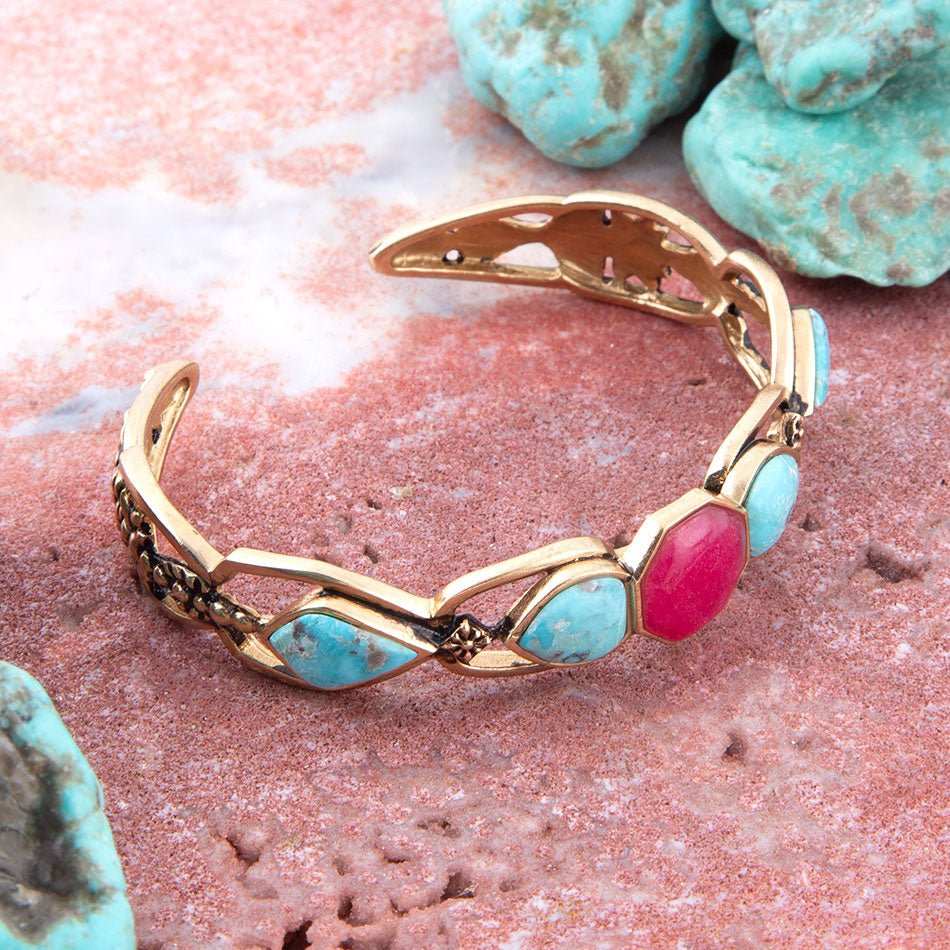 Blue Turquoise and Red Quartz Golden Cuff Bracelet - Barse Jewelry - Flyclothing LLC