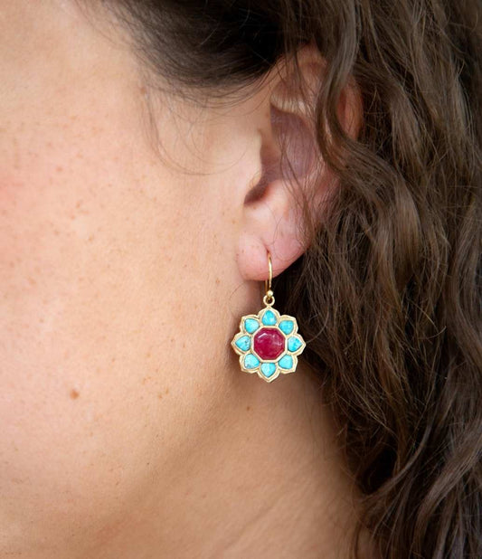 Blue Turquoise and Red Quartz Flower Golden Earrings - Barse Jewelry - Flyclothing LLC