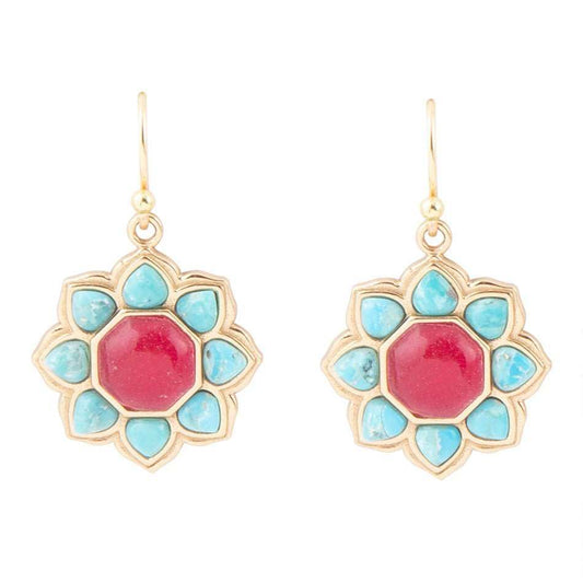 Blue Turquoise and Red Quartz Flower Golden Earrings - Barse Jewelry - Flyclothing LLC