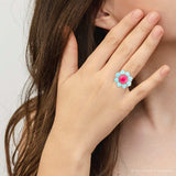 Blue Turquoise and Red Quartz Flower Golden Ring - Barse Jewelry - Flyclothing LLC