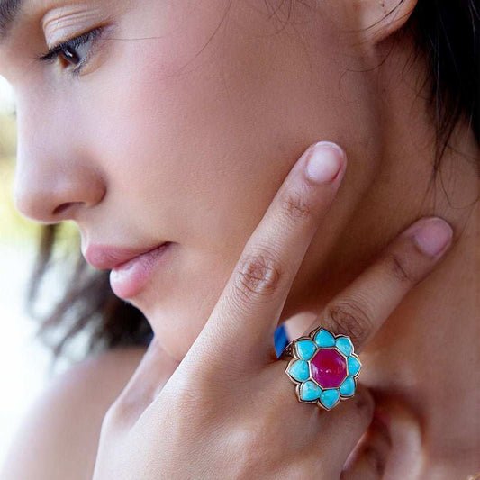 Blue Turquoise and Red Quartz Flower Golden Ring - Barse Jewelry - Flyclothing LLC