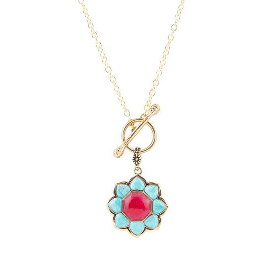 Blue Turquoise and Red Quartz Golden Chain Necklace - Barse Jewelry - Flyclothing LLC