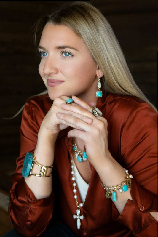 Blue Turquoise and White Pearl Multi Charm Golden Bracelet - Barse Jewelry - Flyclothing LLC