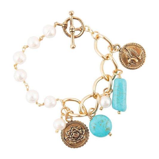 Blue Turquoise and White Pearl Multi Charm Golden Bracelet - Barse Jewelry - Flyclothing LLC