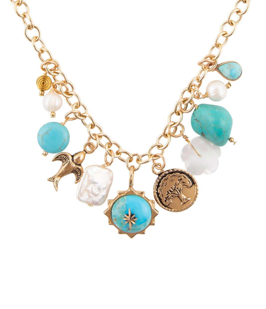 Blue Turquoise and White Pearl Multi Charm Golden Necklace - Barse Jewelry - Flyclothing LLC