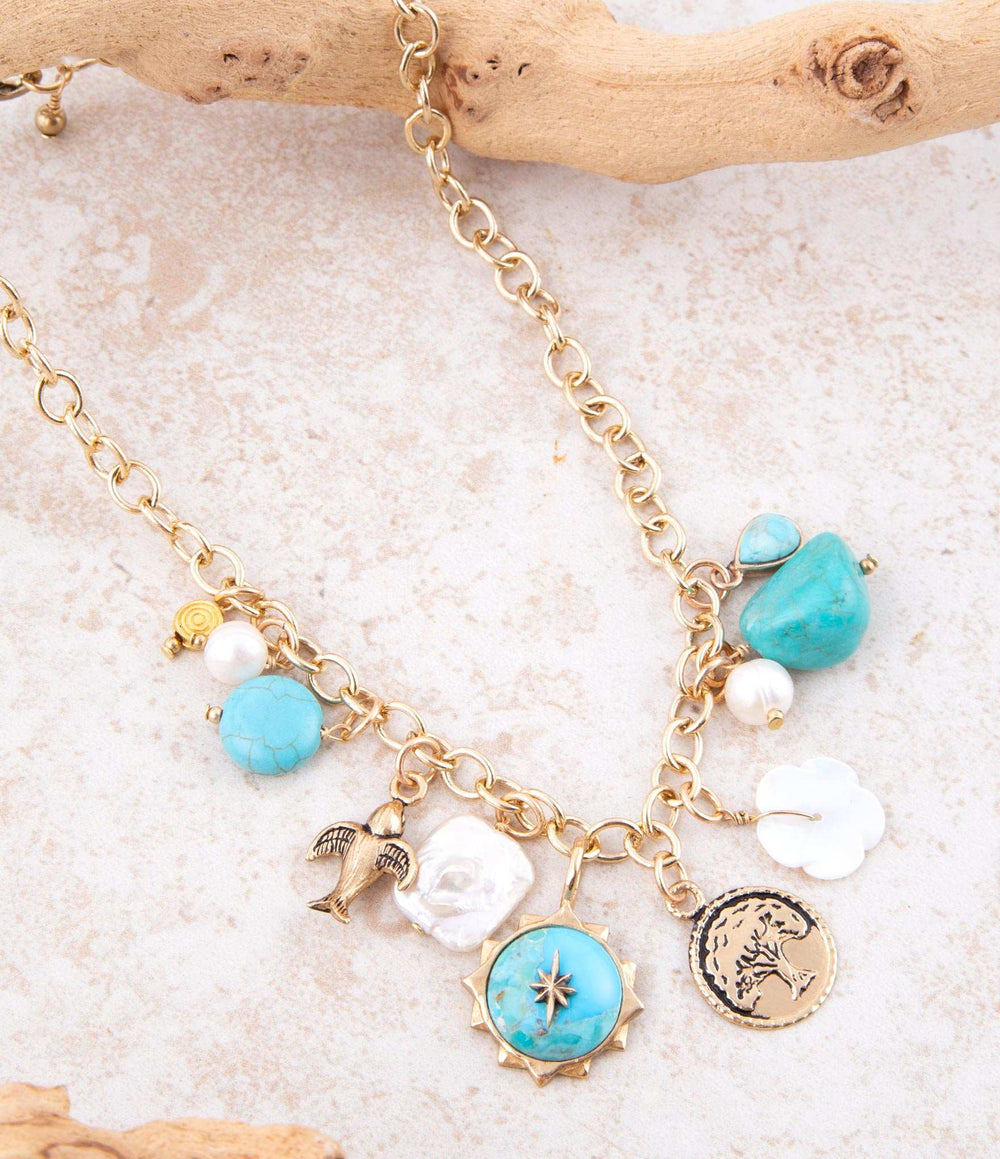 Blue Turquoise and White Pearl Multi Charm Golden Necklace - Barse Jewelry - Flyclothing LLC