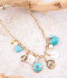 Blue Turquoise and White Pearl Multi Charm Golden Necklace - Barse Jewelry - Flyclothing LLC