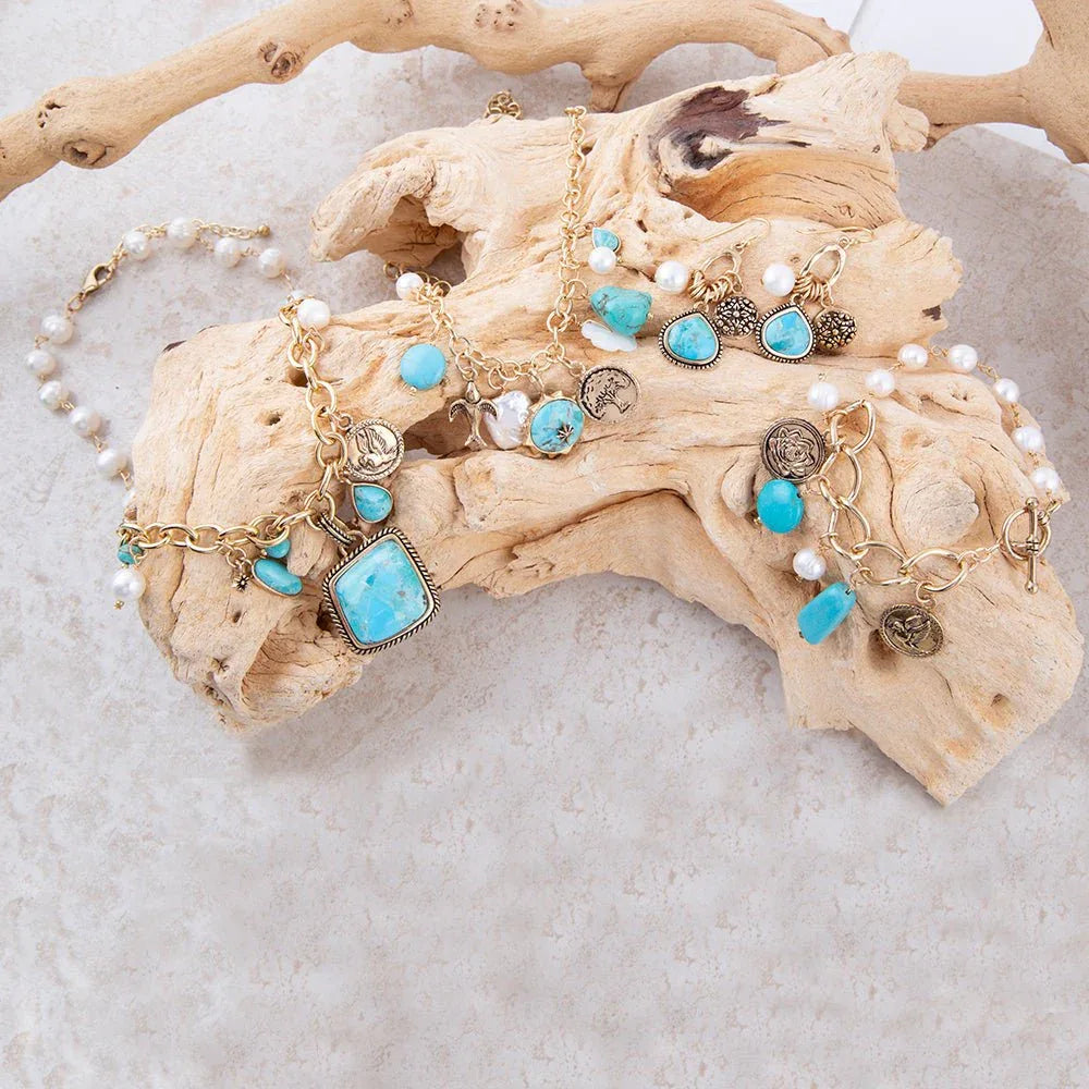 Blue Turquoise and White Pearl Multi Pendant Golden Necklace - Barse Jewelry - Flyclothing LLC