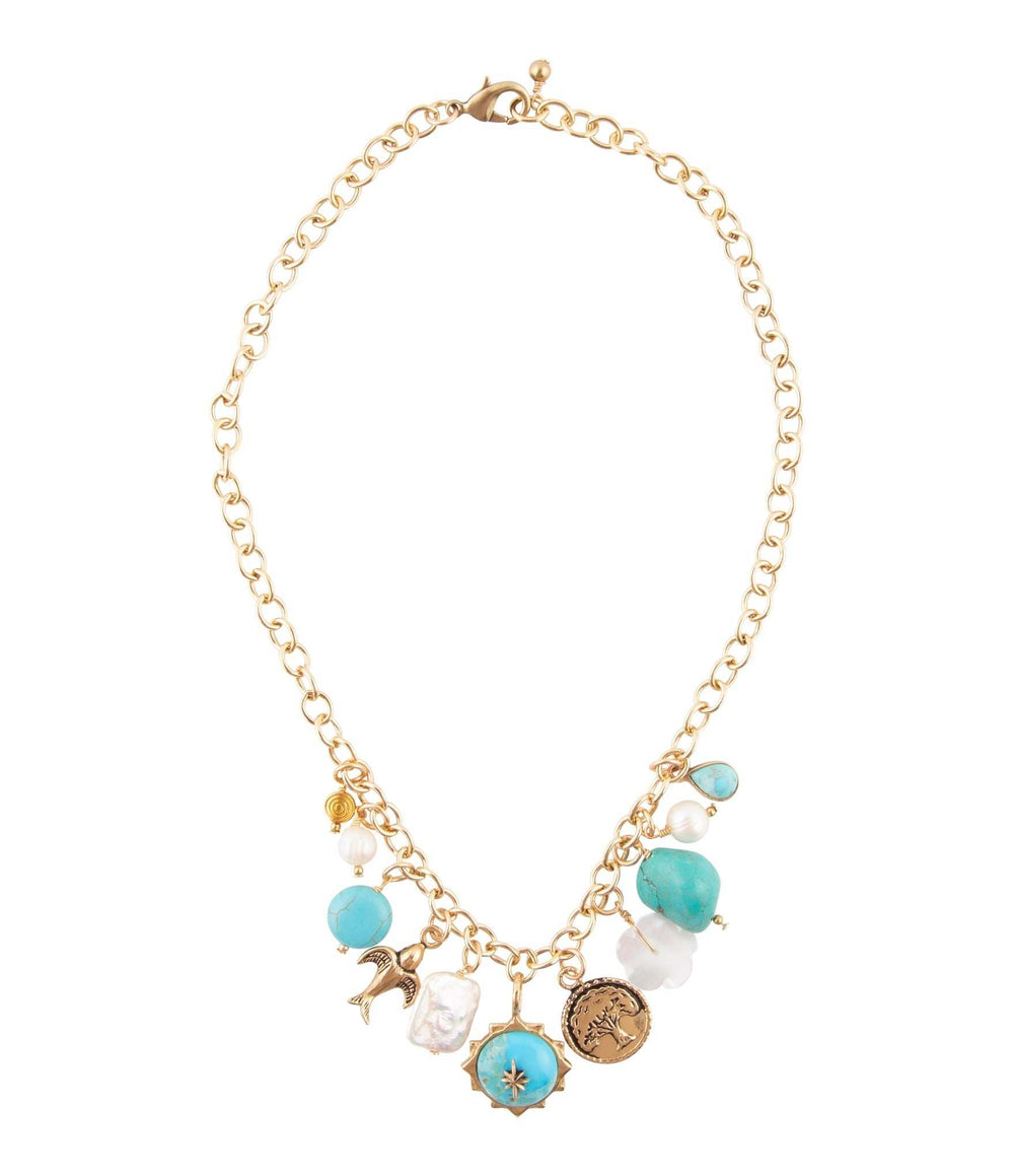 Blue Turquoise and White Pearl Multi Charm Golden Necklace - Barse Jewelry - Flyclothing LLC