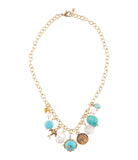 Blue Turquoise and White Pearl Multi Charm Golden Necklace - Barse Jewelry - Flyclothing LLC