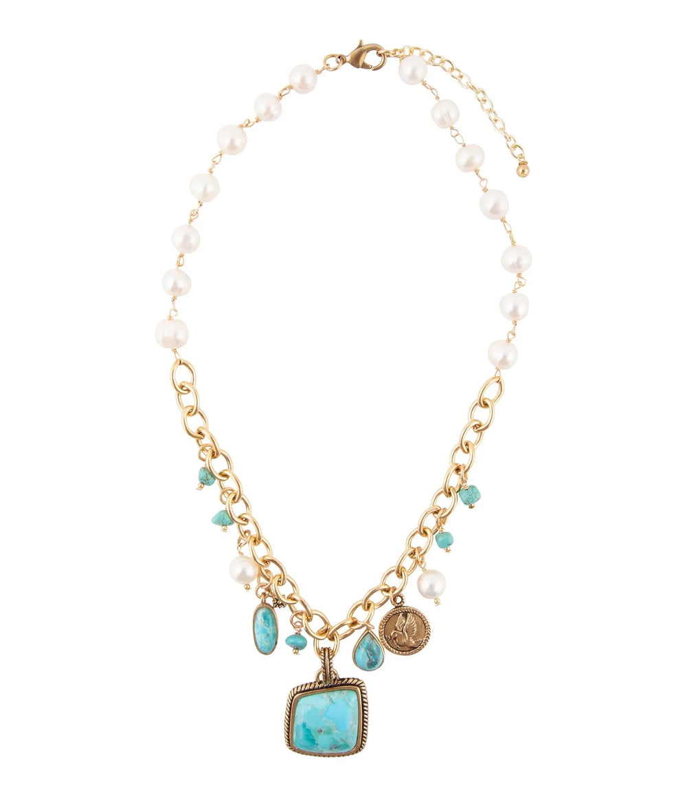 Blue Turquoise and White Pearl Multi Pendant Golden Necklace - Barse Jewelry - Flyclothing LLC
