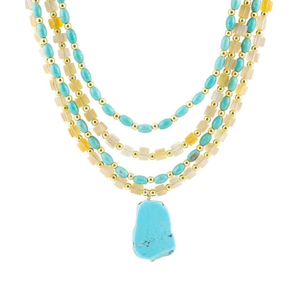 Blue Turquoise and Yellow Citrine Multi-Layer Golden Necklace - Barse Jewelry - Flyclothing LLC
