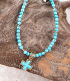 Blue Turquoise Cross Golden Pendant Necklace - Barse Jewelry - Flyclothing LLC
